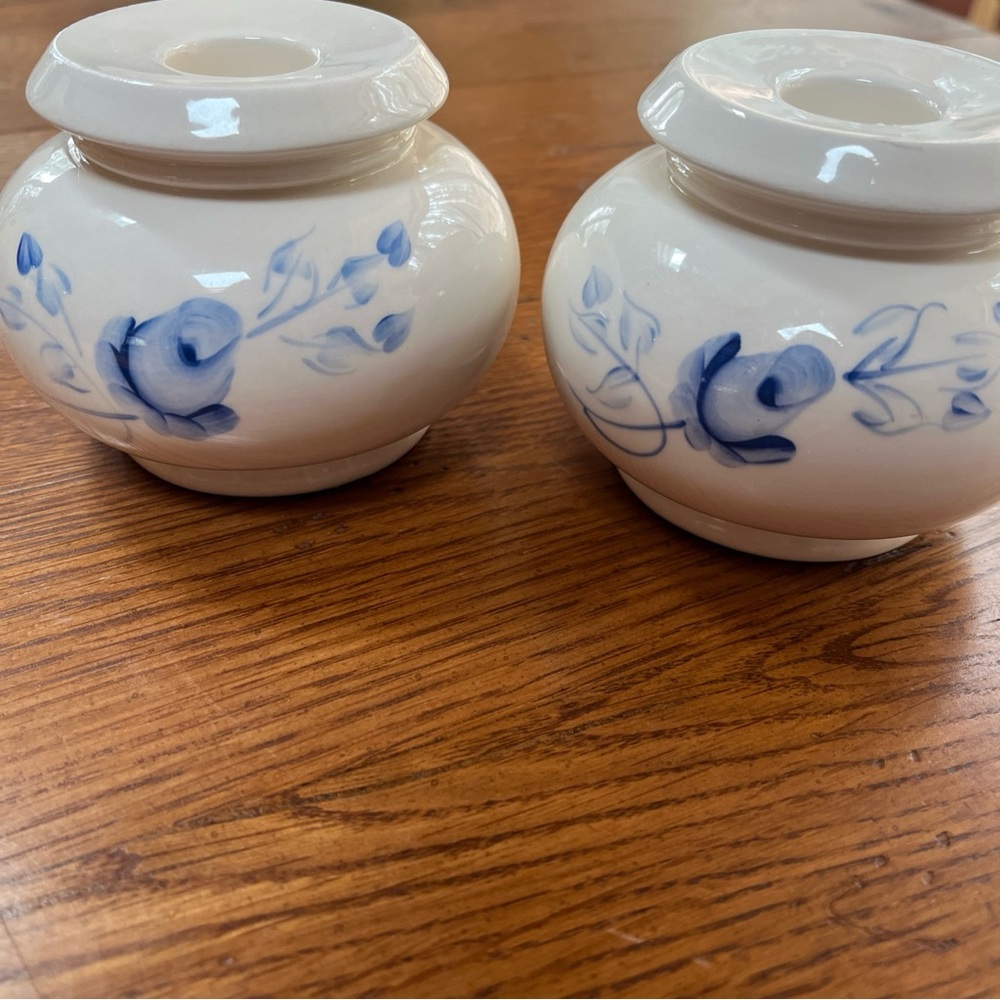 Vintage Lasting Products Hand Painted Candle Holders - White and Blue